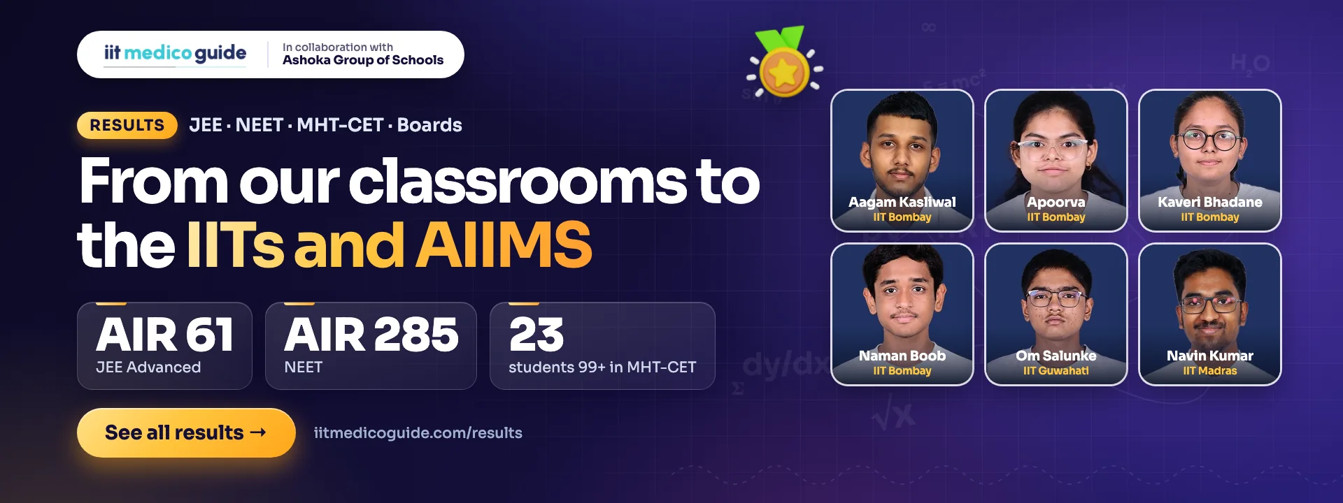 From our classrooms to the IITs and AIIMS: JEE Advanced AIR 61, NEET AIR 285 and 23 students above 99 percentile in MHT-CET. Toppers now at IIT Bombay, IIT Guwahati and IIT Madras.